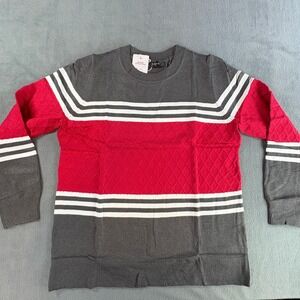 ZESICA‎ Mens XL Colorblock Striped Sweater Grey Red White Diamond Knit Crew Neck